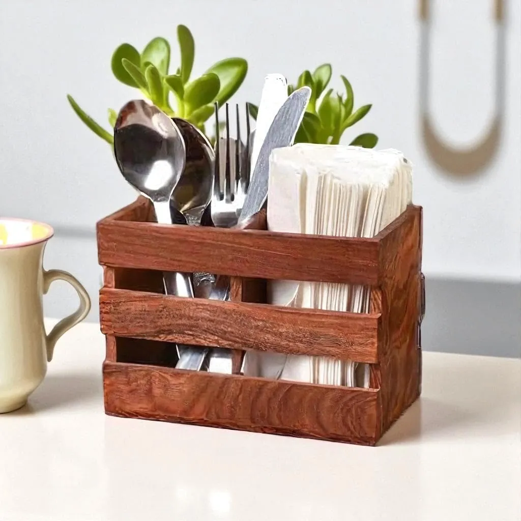 The wooden tone Wooden Cutlery Holder 2 Compartment Brown Utensil Organizer For Fork And Knife Rustic Wooden Tabletop Storage Box Kitchen Dining Countertop...
