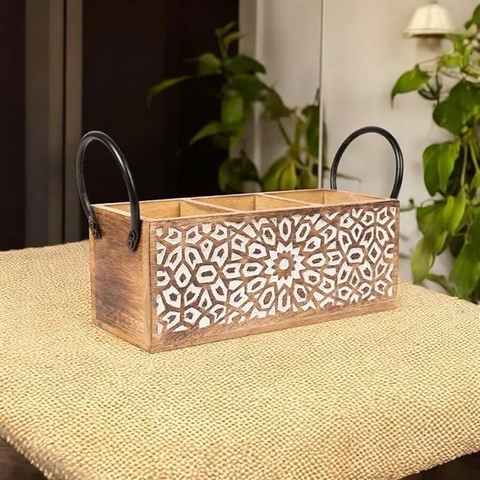 The wooden tone Cutlery Holder with Handles Rustic Utensil Organizer Solid Wood Kitchen Use