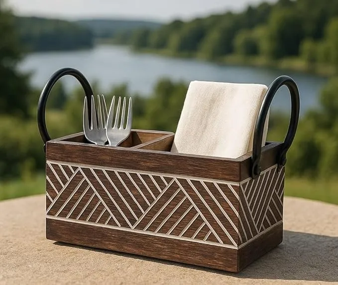The wooden tone Cutlery Holder with Handles Rustic Utensil Organizer Wood Kitchen Storage