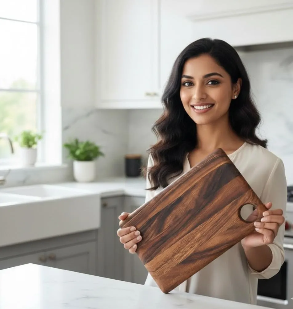 The wooden tone Wooden Chopping Board with Juice Groove Handle Solid Wood Kitchen Use