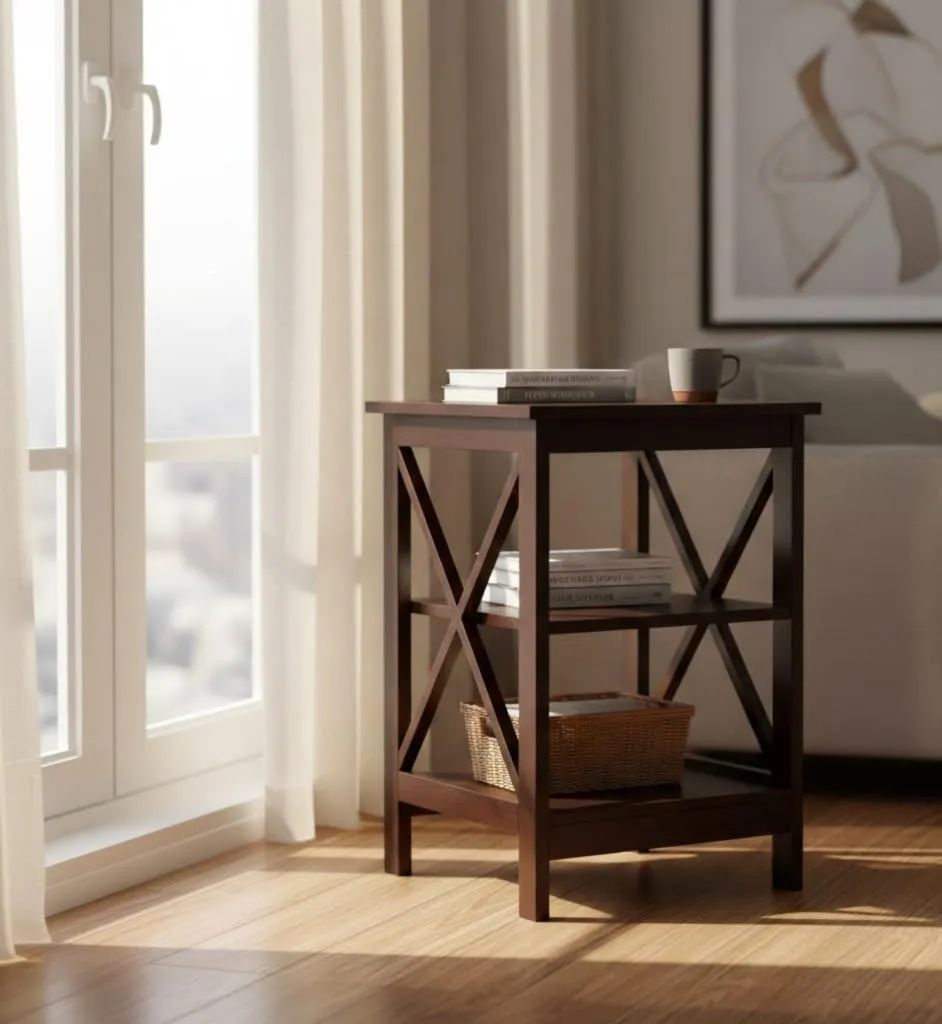 The wooden tone Wooden X Frame End Table Three Tier Side Table Solid Wood Furniture
