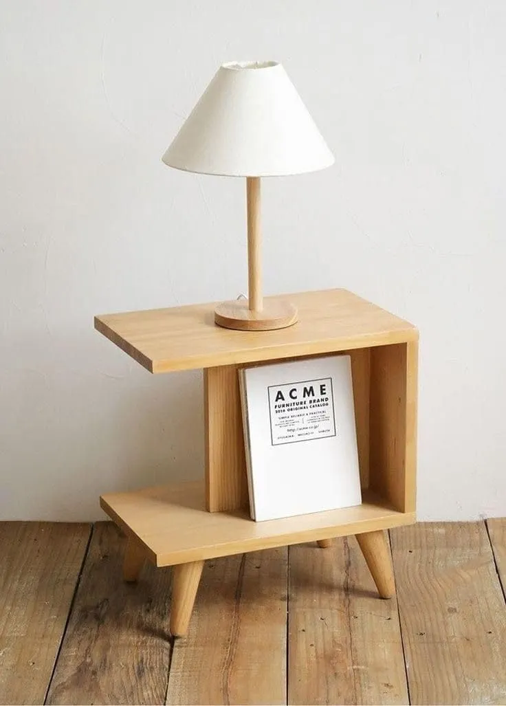The wooden tone Side Table with 2 Tier Storage Shelves Foldable Wooden Table for Living Room