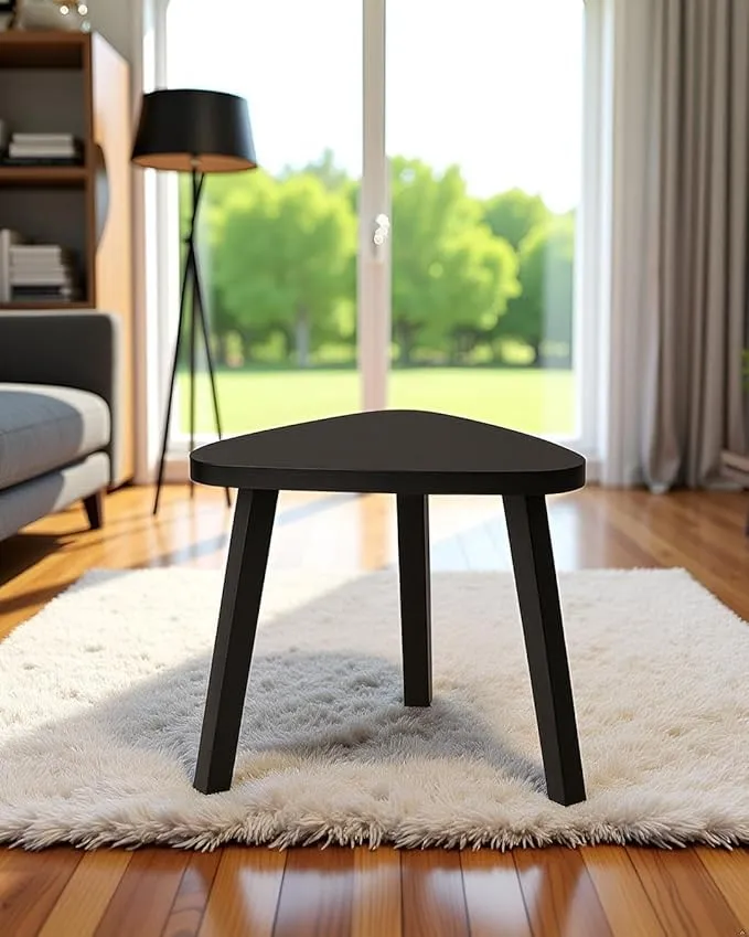 The wooden tone Triangle Side Table Black Mango Wood MDF 3 Legged Wooden Table