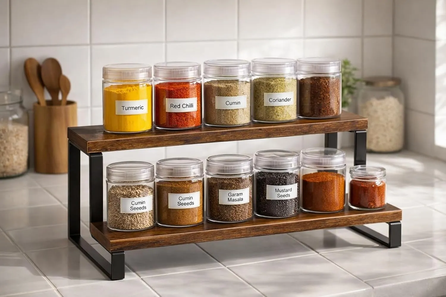 Wooden spice rack 2 tier for kitchen use durable wood and iron material storage rack for spices jars and kitchen items compact design space saving organizer for daily use