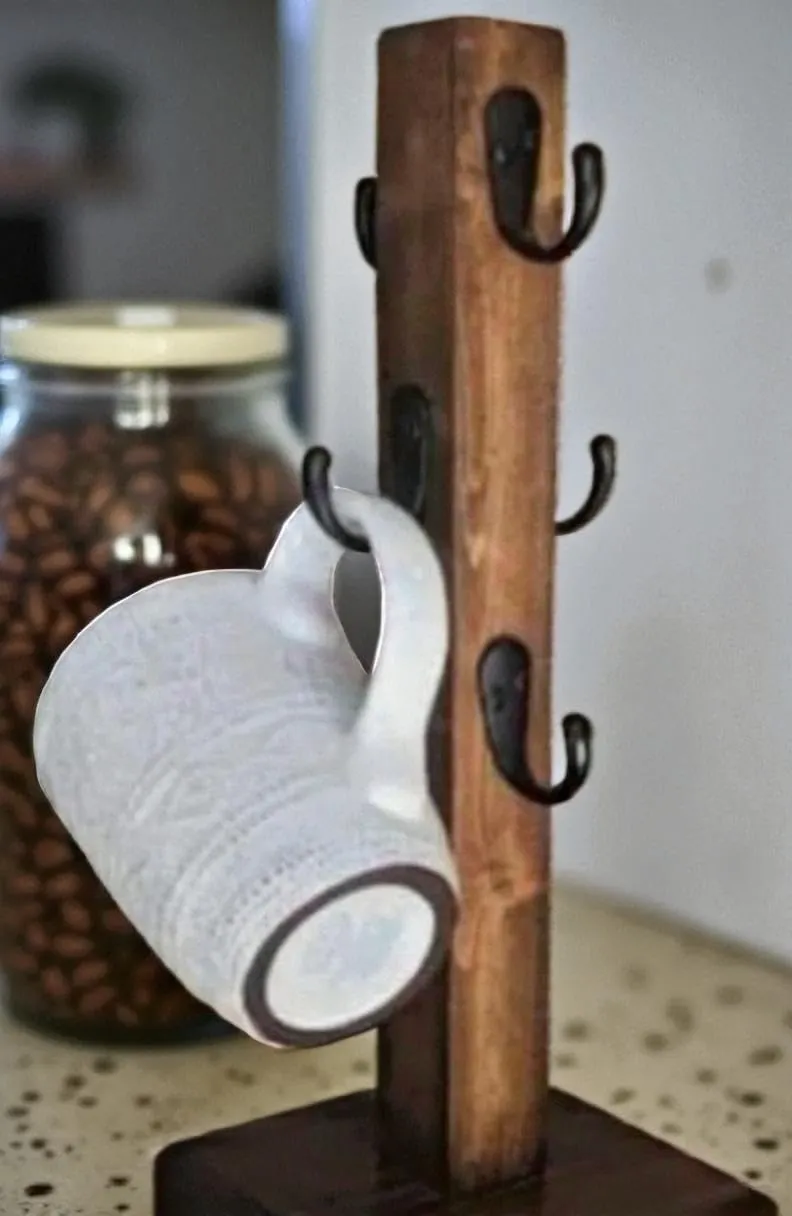 The wooden tone Coffee Mug Holder Wooden Stand with Black Iron Hooks for Kitchen