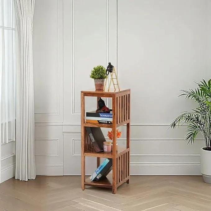 Wooden 4 tier bookshelf open storage shelf for living room use durable sheesham wood material book rack for home office display unit compact design for storage and daily use