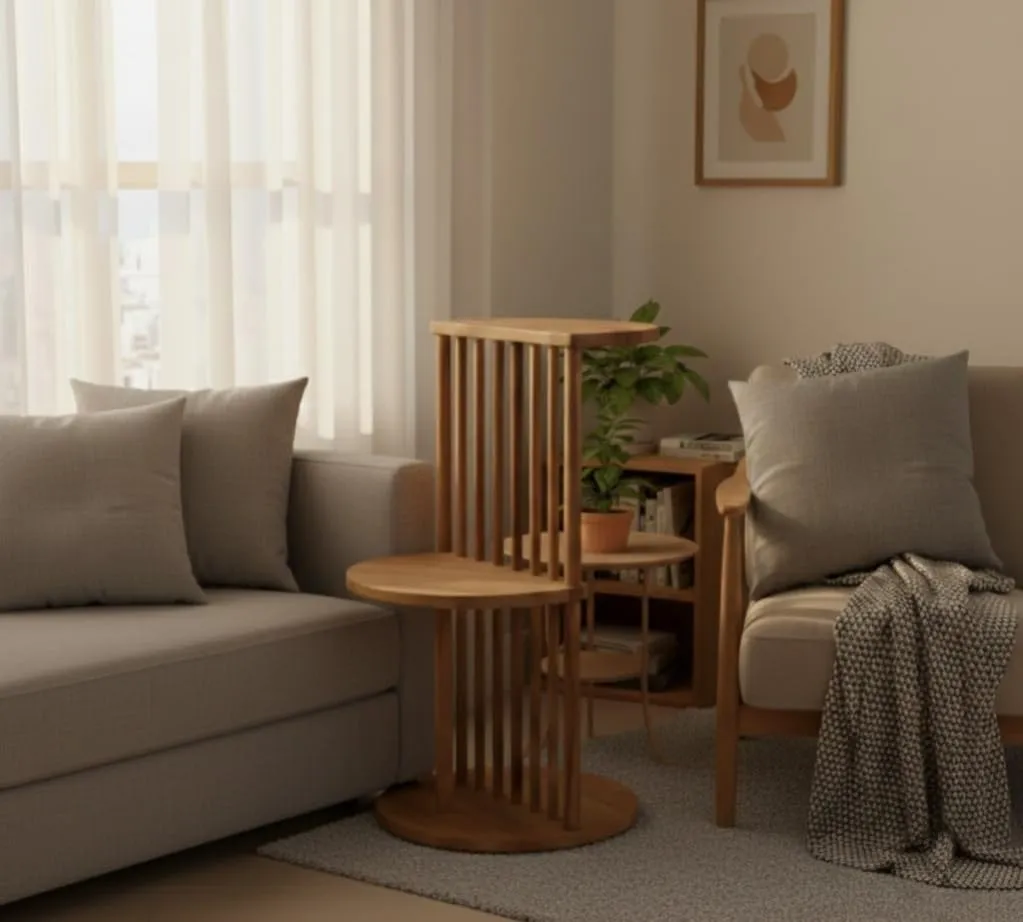 The wooden tone Natural Wooden Sofa Side Table with Storage Shelf Foldable End Table