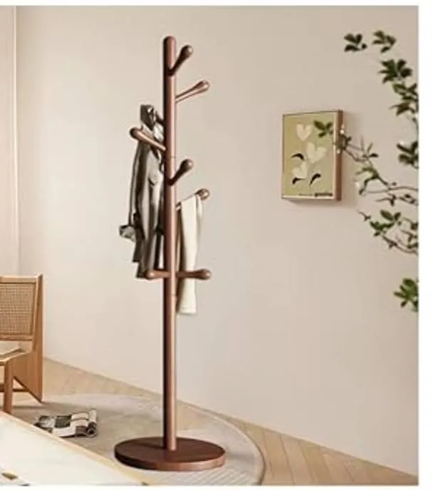 The wooden tone Natural Mango Wood Clothes Hanging Stand Wooden Coat Hanger for Entryway Bedroom Use Durable Free Standing