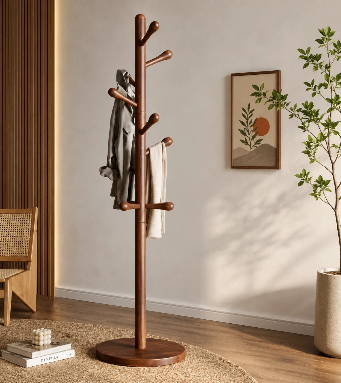 The wooden tone Natural Mango Wood Clothes Hanging Stand Wooden Coat Hanger for Entryway Bedroom Use Durable Free Standing
