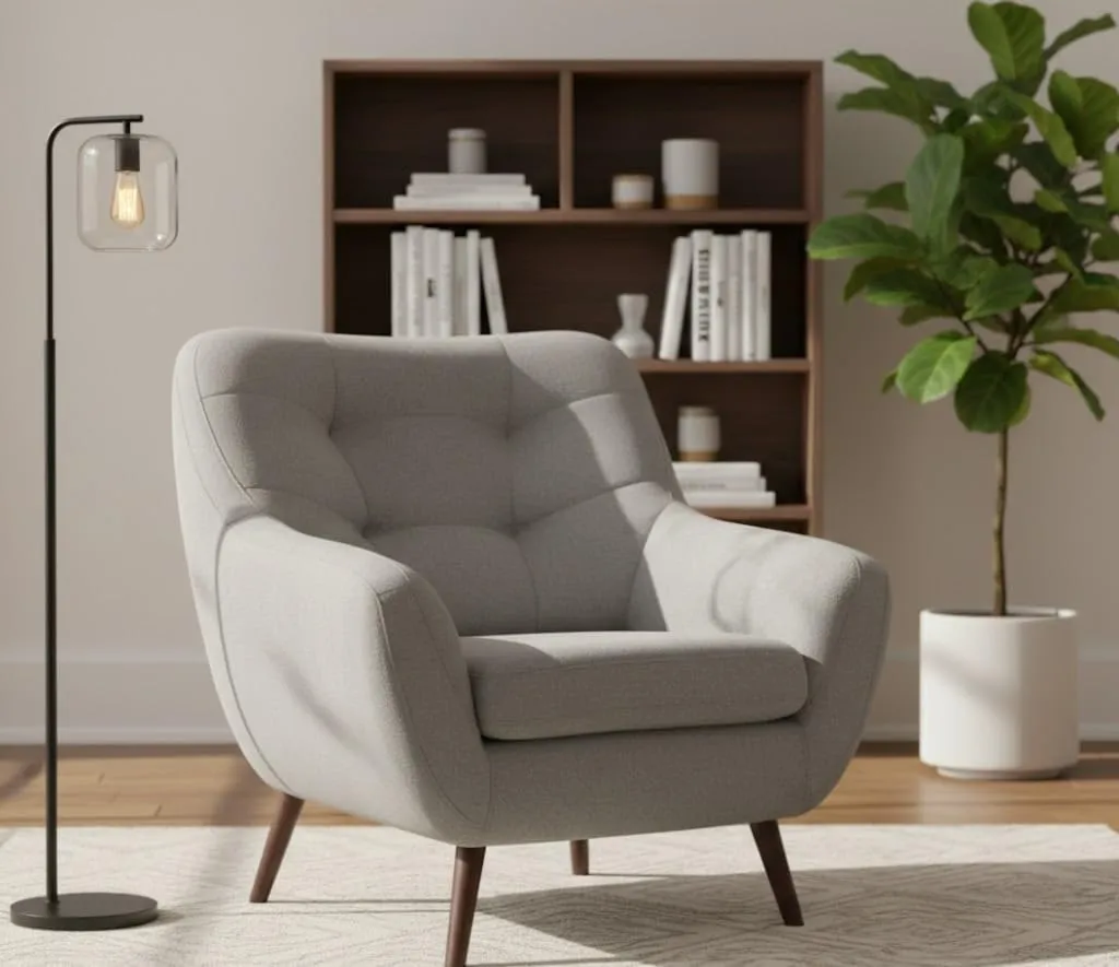 Wooden sofa chair for living room use durable wood and cushion material comfortable seating chair for home furniture gray color lounge chair for daily use strong frame and support