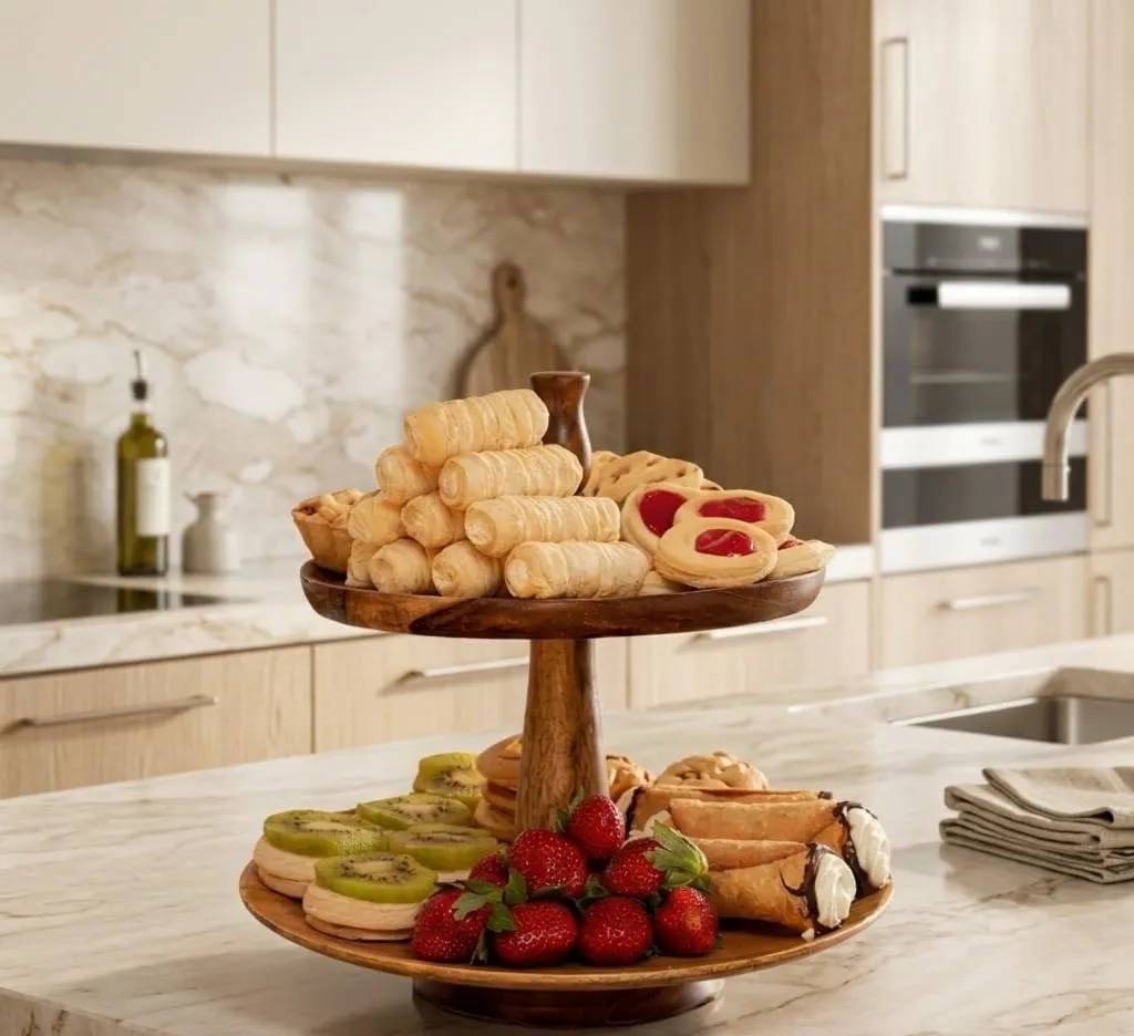 The wooden tone cake stand for elegant dessert display use made from natural wood