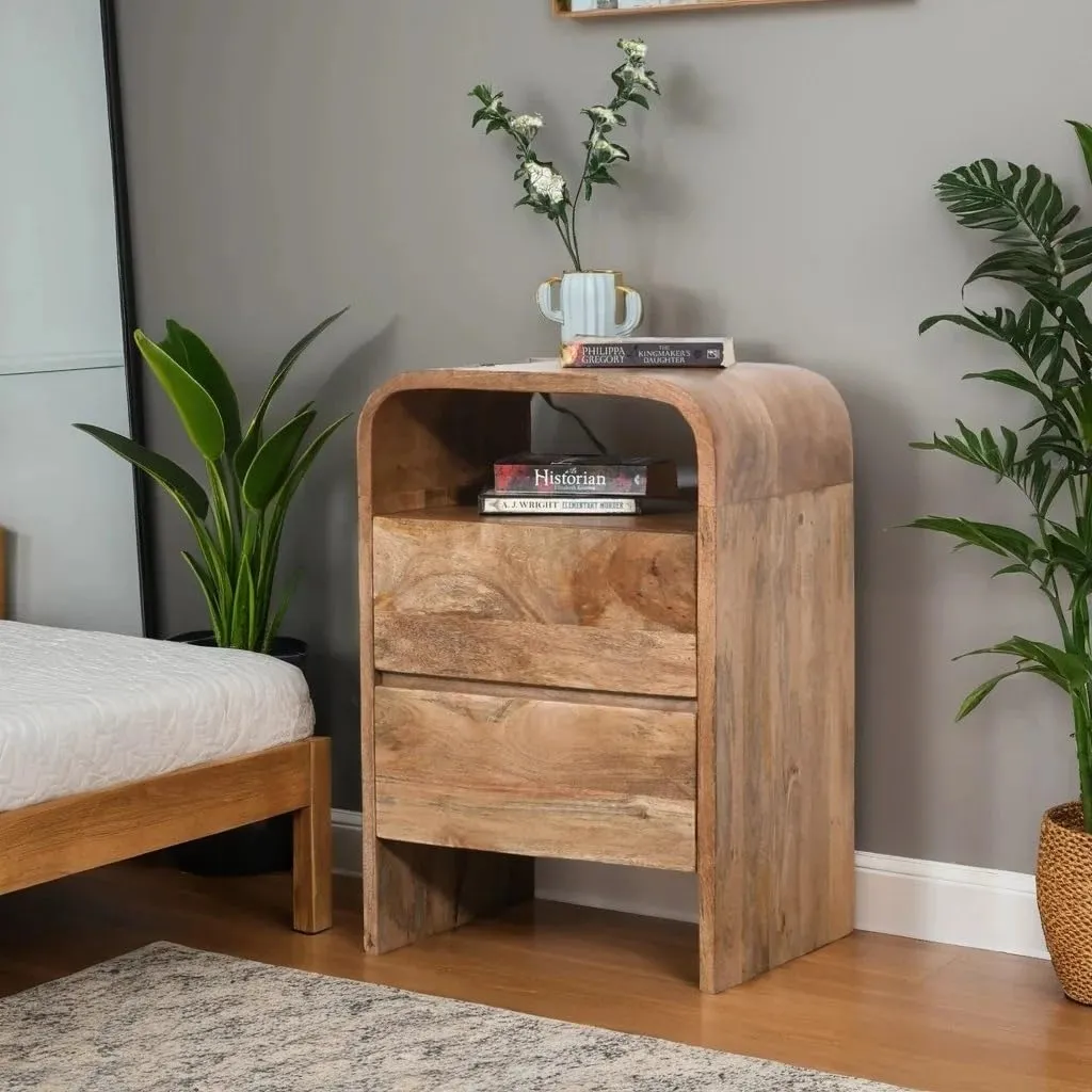 The wooden tone bedside table for bedroom storage use made from natural wood