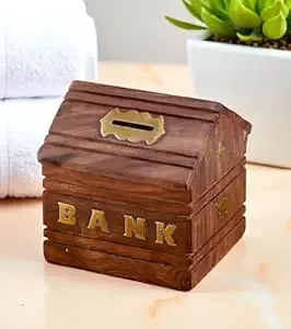 The wooden tone  Brown Wooden Money Bank Biggi Bank for Kids and Adults Handmade Coin Saving Box for Home Décor and Gifting Traditional Wooden Piggy Bank with Large Storage Capacity
