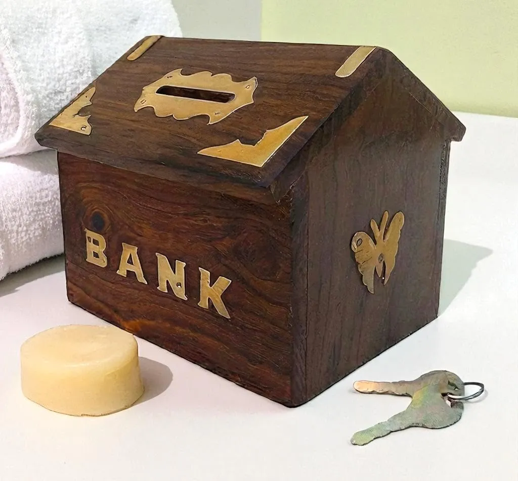 The wooden tone  Wooden Money Bank Hut Shape for Money Saving Box Gullak for Kids and Adults Handmade Brown Wooden Coin Bank Decorative Savings Box for Home Office Gift