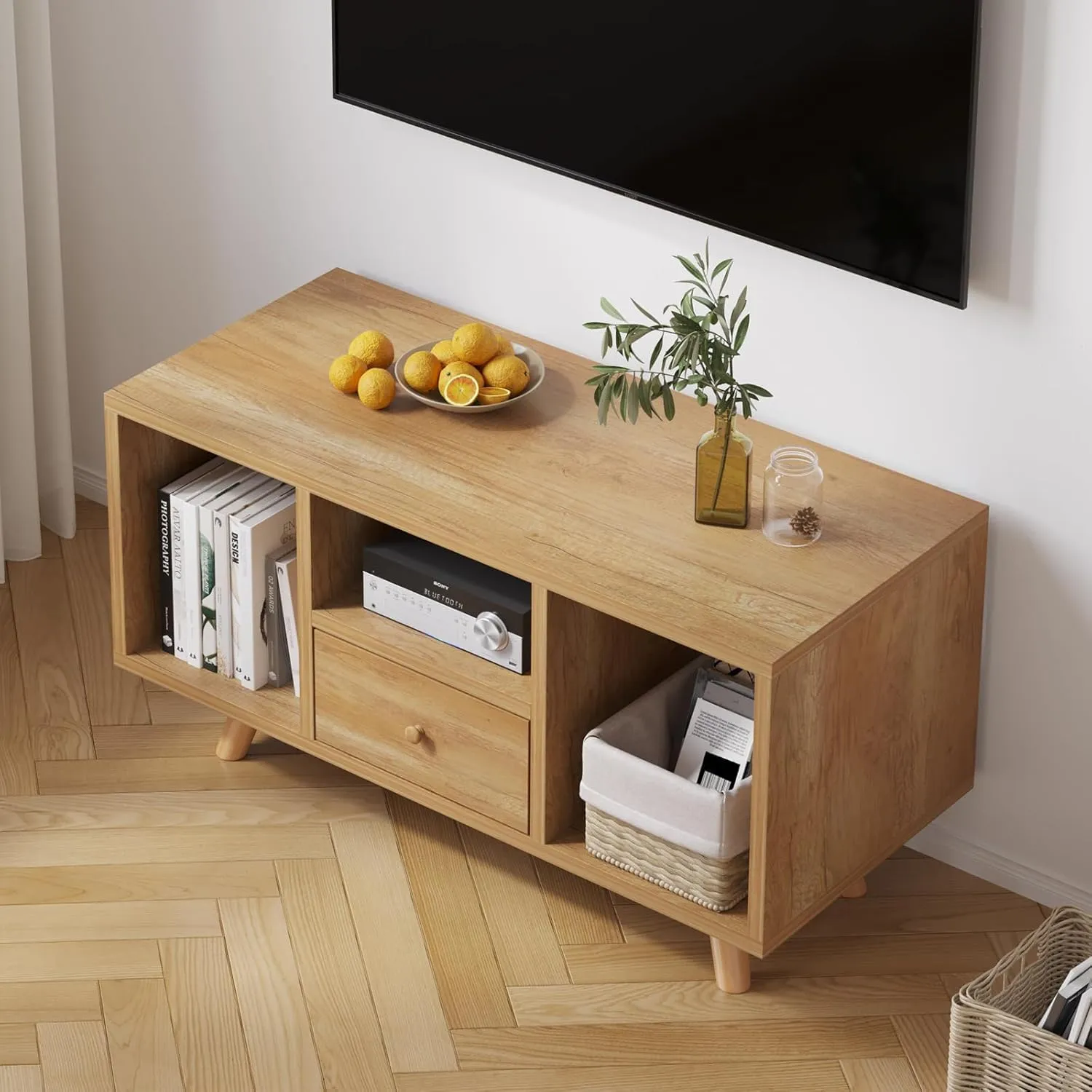 The Wooden Tone Wooden TV Stand Entertainment Unit for Living Room Use Made of Natural Wood with Storage Drawer for Organized Media Setup