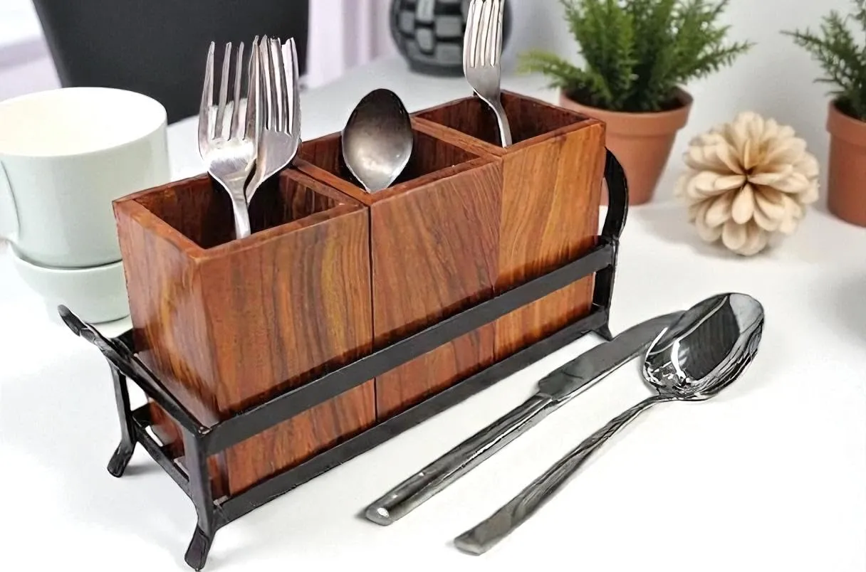 The wooden  tone  Natural Rosewood & Iron Cutlery Holder Stand Wooden & Metal Spoon, Fork, Knife Organizer for Kitchen Countertop, Rustic Flatware Storage Rack, Eco Friendly Wooden Utensil Caddy