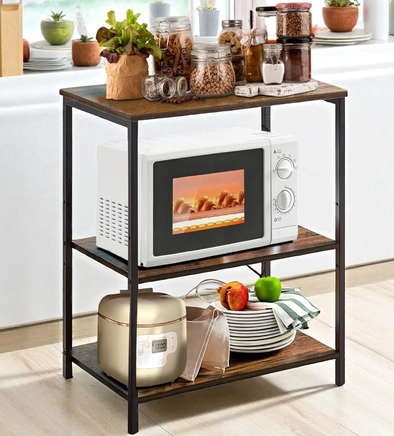 The wooden tone Kitchen Storage Rack for microwave and kitchen organization made of wood and iron