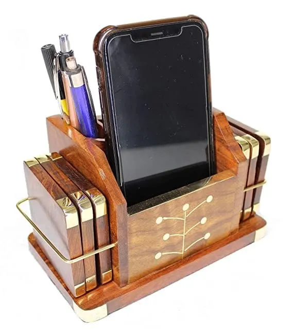 The wooden tone  Natural Wooden Pen Stand with 6 Coaster Set Handmade Eco-Friendly Desk Organizer for Office, Home, and Study Table Rustic Desk Accessory for Pens, Stationery, and Drinks