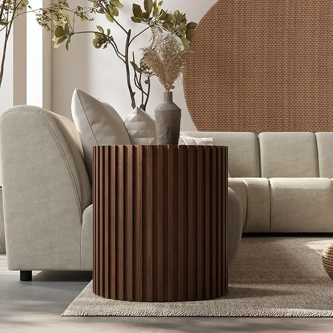Wooden round side table mango wood brown finish modern accent coffee table for living room use durable wood material compact design for daily use space saving furniture solution