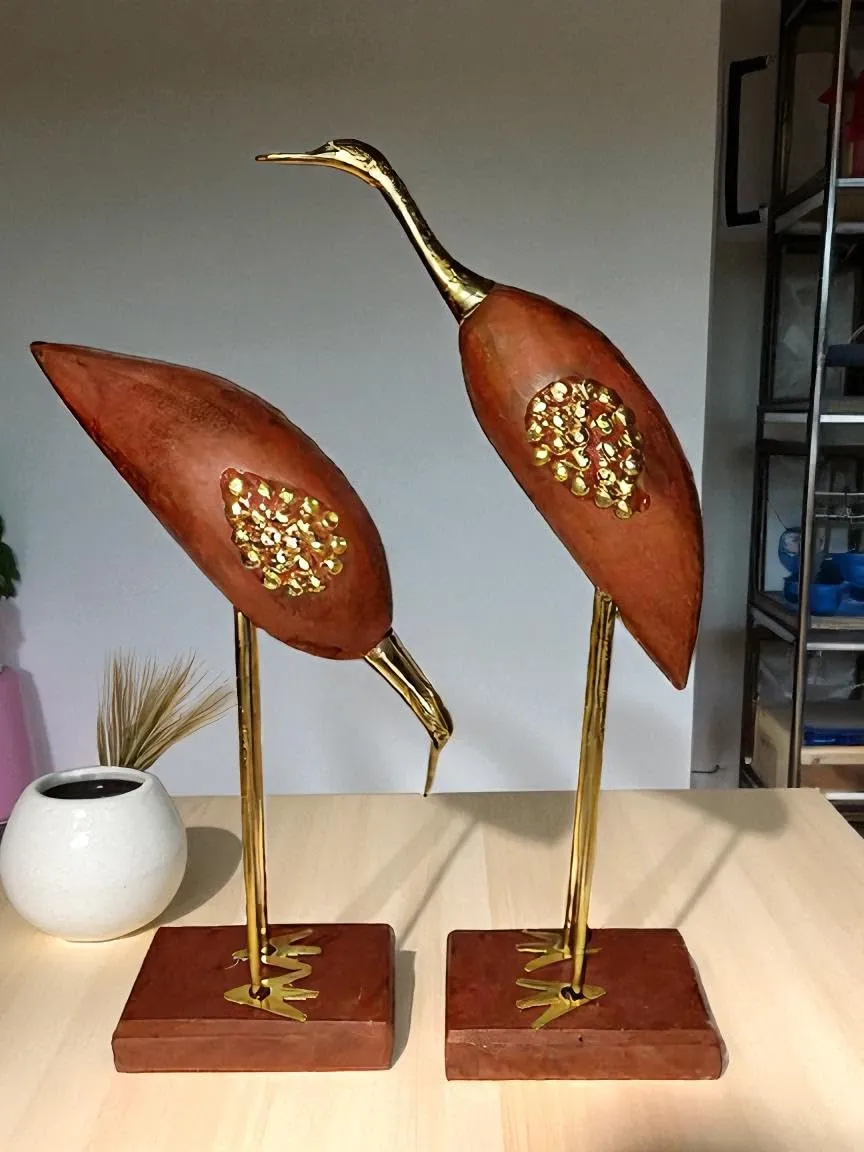 The wooden tone  Swan Pair Showpiece Handcrafted Wooden & Brass Figurines, Brown & Golden Elegant Decorative Swans for Home, Tabletop, Living Room, and Office Décor