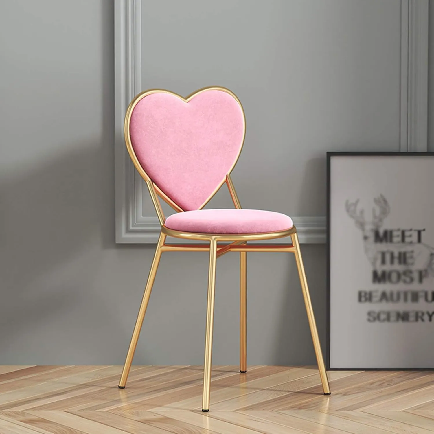 The wood Velvet Heart Shape Accent Chair Pink Upholstered Seat with Gold Metal Legs Iron Frame Vanity Dining Chair for Bedroom Living Room Makeup Dressing Chair Decorative Seatingen tone 
