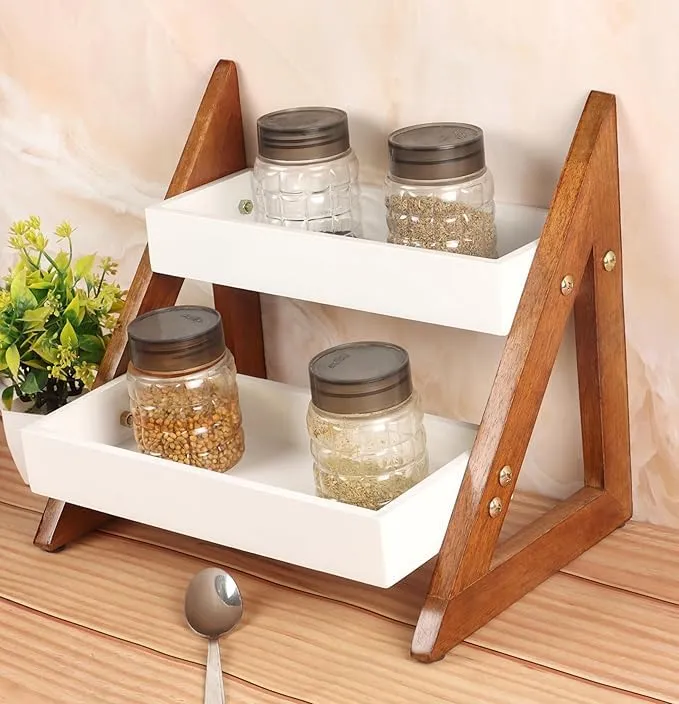 The wooden tone 2 tier spice rack organizer for kitchen counter use made with wood and MDF offers stylish storage solution