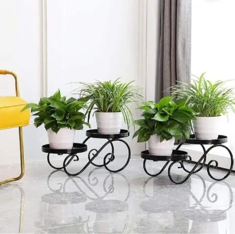 The wooden tone  Metal Plant Stand Set of 2 Black Decorative Indoor Outdoor Iron Planter Holder for Home Garden Living Room Patio Balcony Natural Color Wooden Material