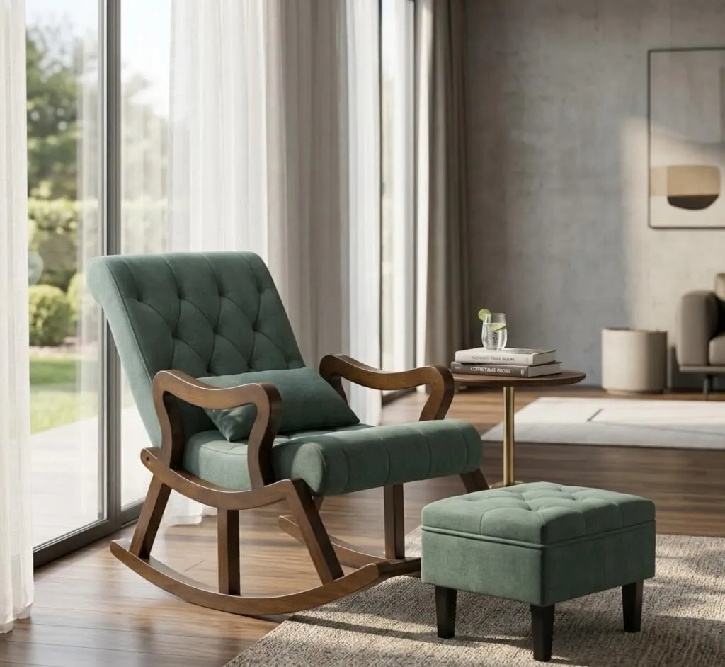 The wooden tone rocking chair for living room crafted from wood with soft cushion for comfortable relaxing seating