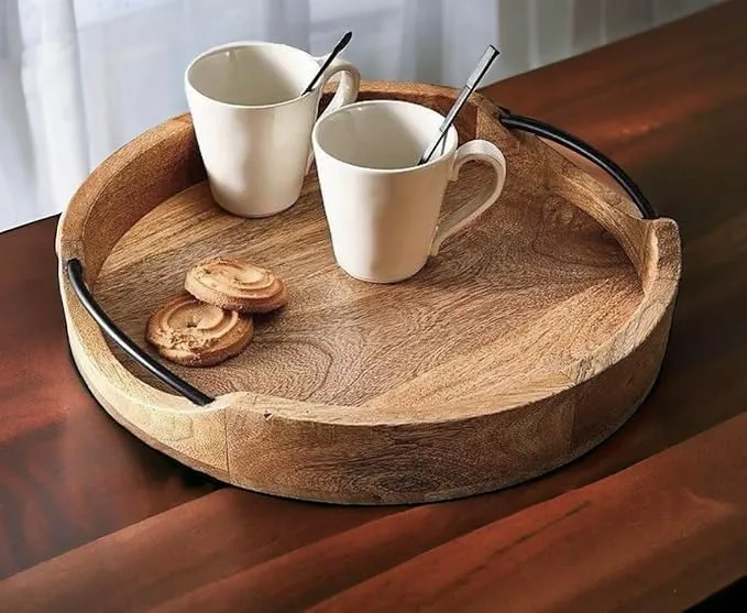 The woodeRound Wooden Serving Tray with Iron Rim – Rustic Natural Wood Platter for Kitchen, Coffee Table, Parties & Home Décor – Decorative Wooden Tray with Handlesn tone 
