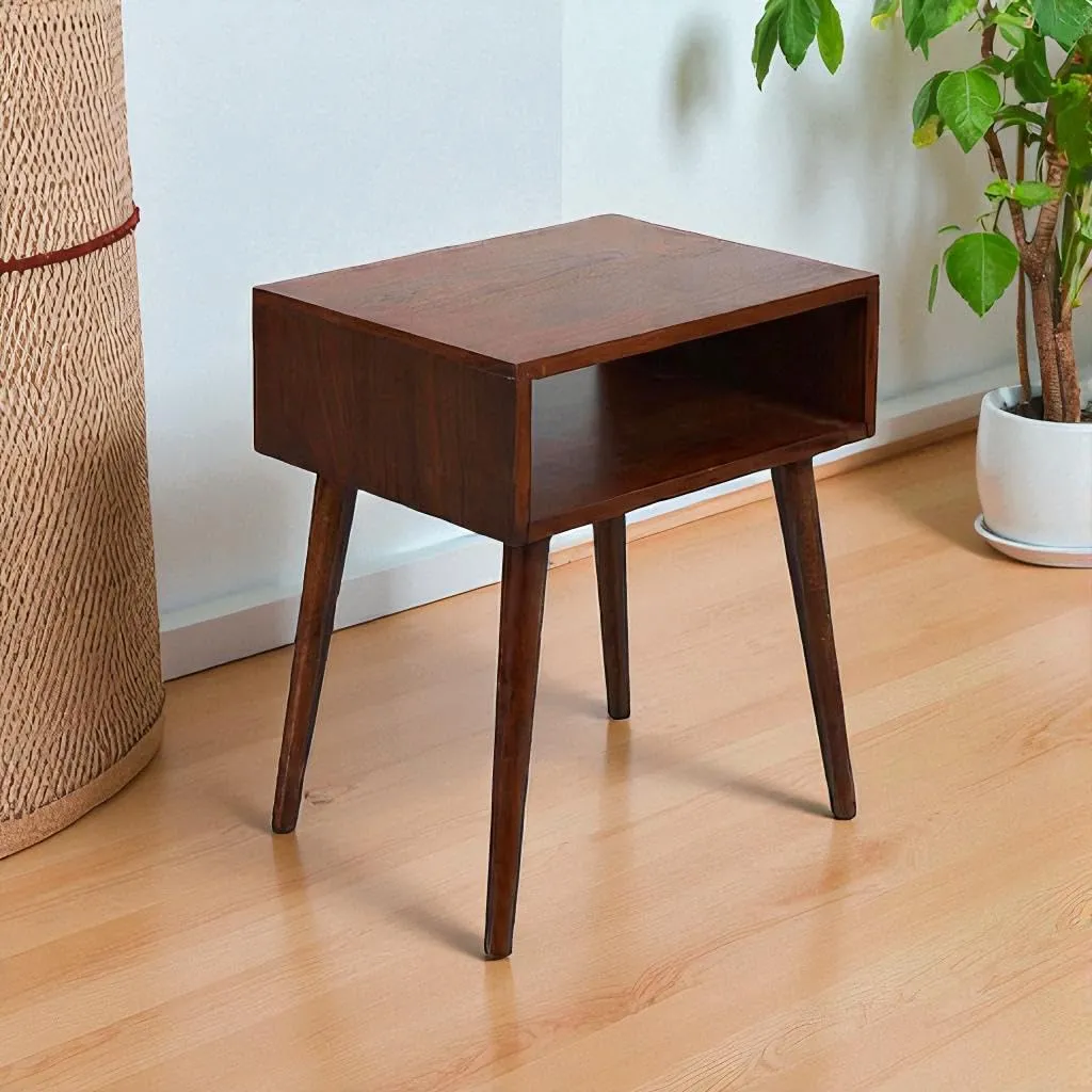The wooden tone foldable bedside table for bedroom use made from wood with sturdy design