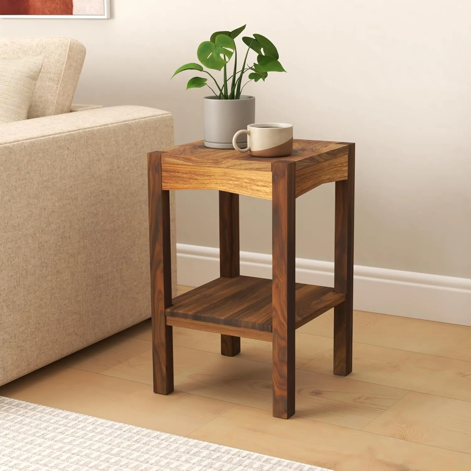 The wooden tone bedside stool for living room and bedroom use made from solid wood