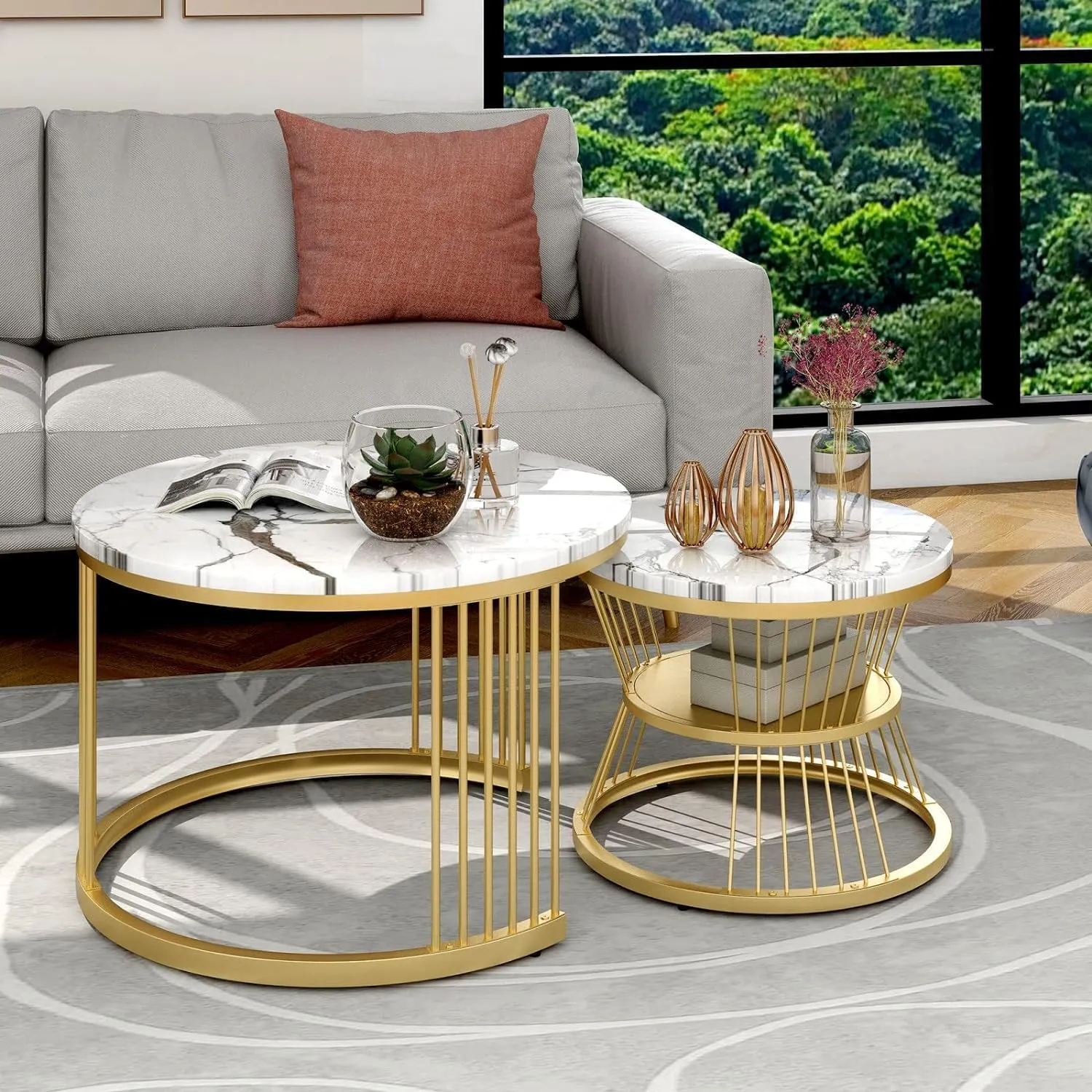 The wooden tone nesting coffee table set for living room use made from wood and iron with round design