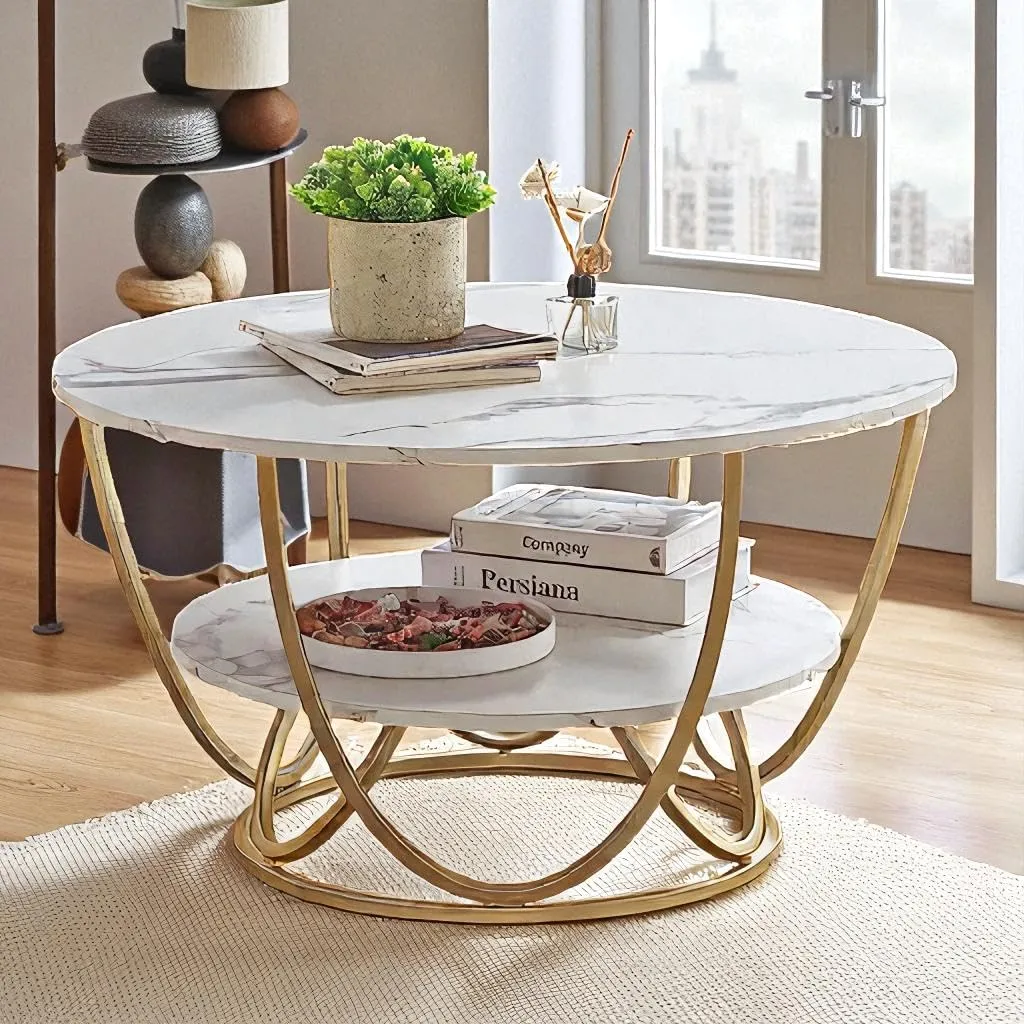 The wooden tone round coffee table for living room use made from wood and iron with modern design