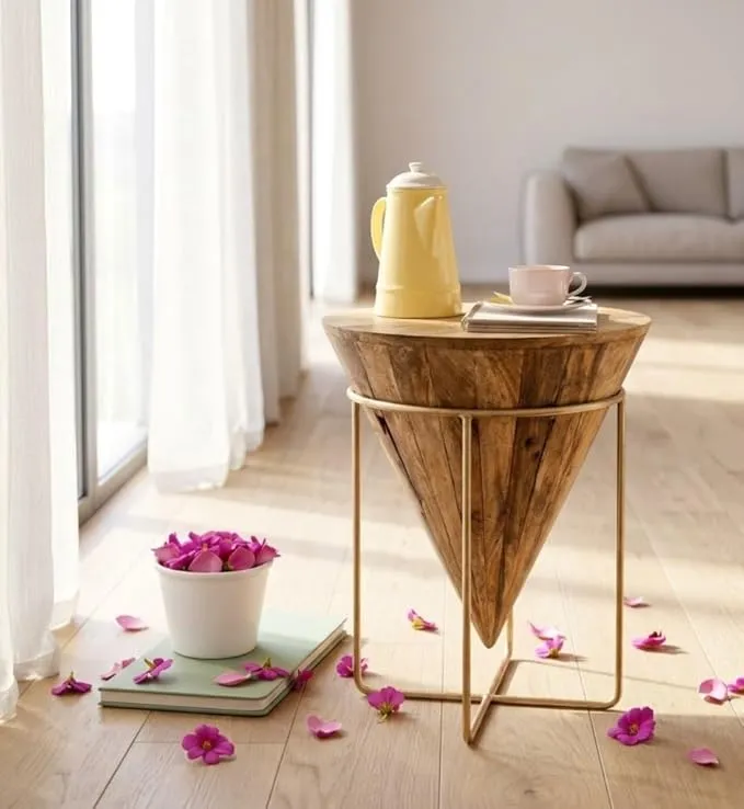 The wooden tone  Modern Designer Coffee Table Natural Brown Wooden Cone Shape with Golden Iron Base Stylish Side Table for Living Room Bedroom Office Home Decor