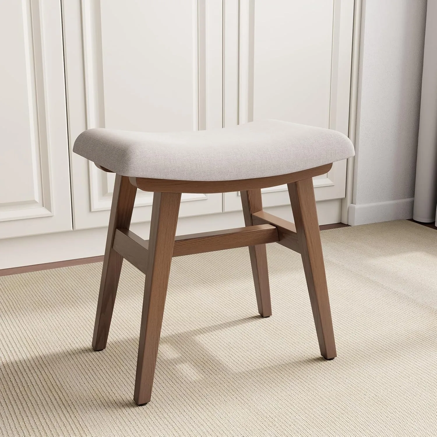 The wooden tone cushioned wooden stool for seating use made from solid wood with soft cushion