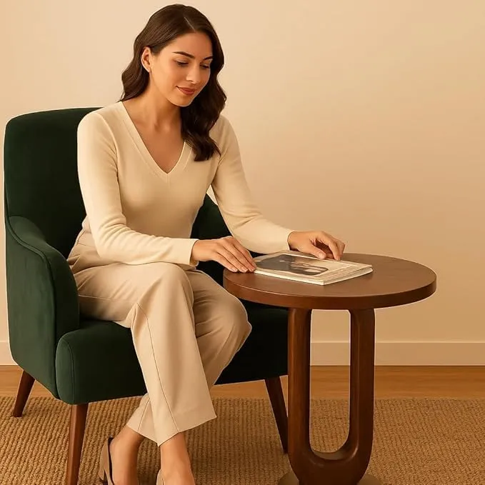 The wooden tone Modern Round Wooden Coffee Table – Brown Side Table for Living Room, Bedroom or Office | Solid Wood End Table with Stylish U-Shaped Base – Small Accent Table with Elegant Design