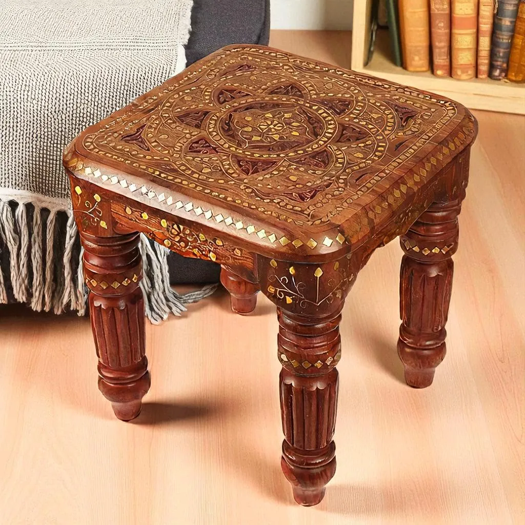 The wooden tone foldable stool for living room use made from wood and brass with sturdy design