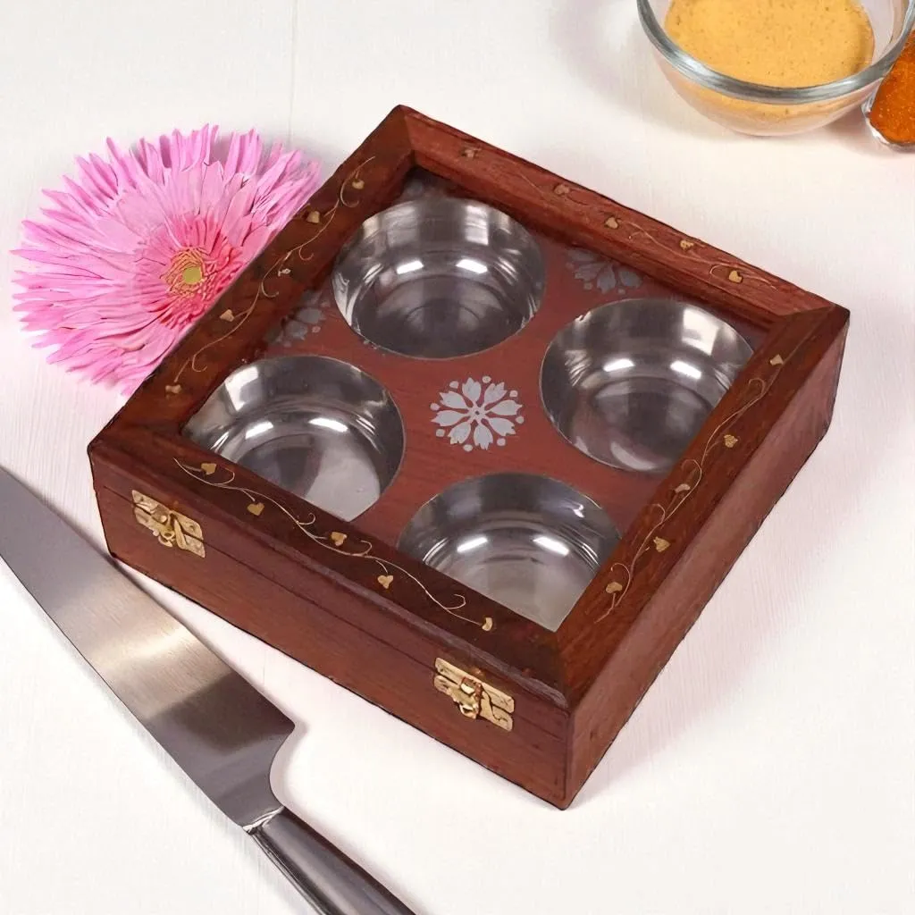 The wooden tone Brown Wooden Spice Box with 4 Stainless Steel Containers Multi-Compartment Kitchen Spice Organizer, Durable Wooden & Steel Storage for Countertop and Pantry