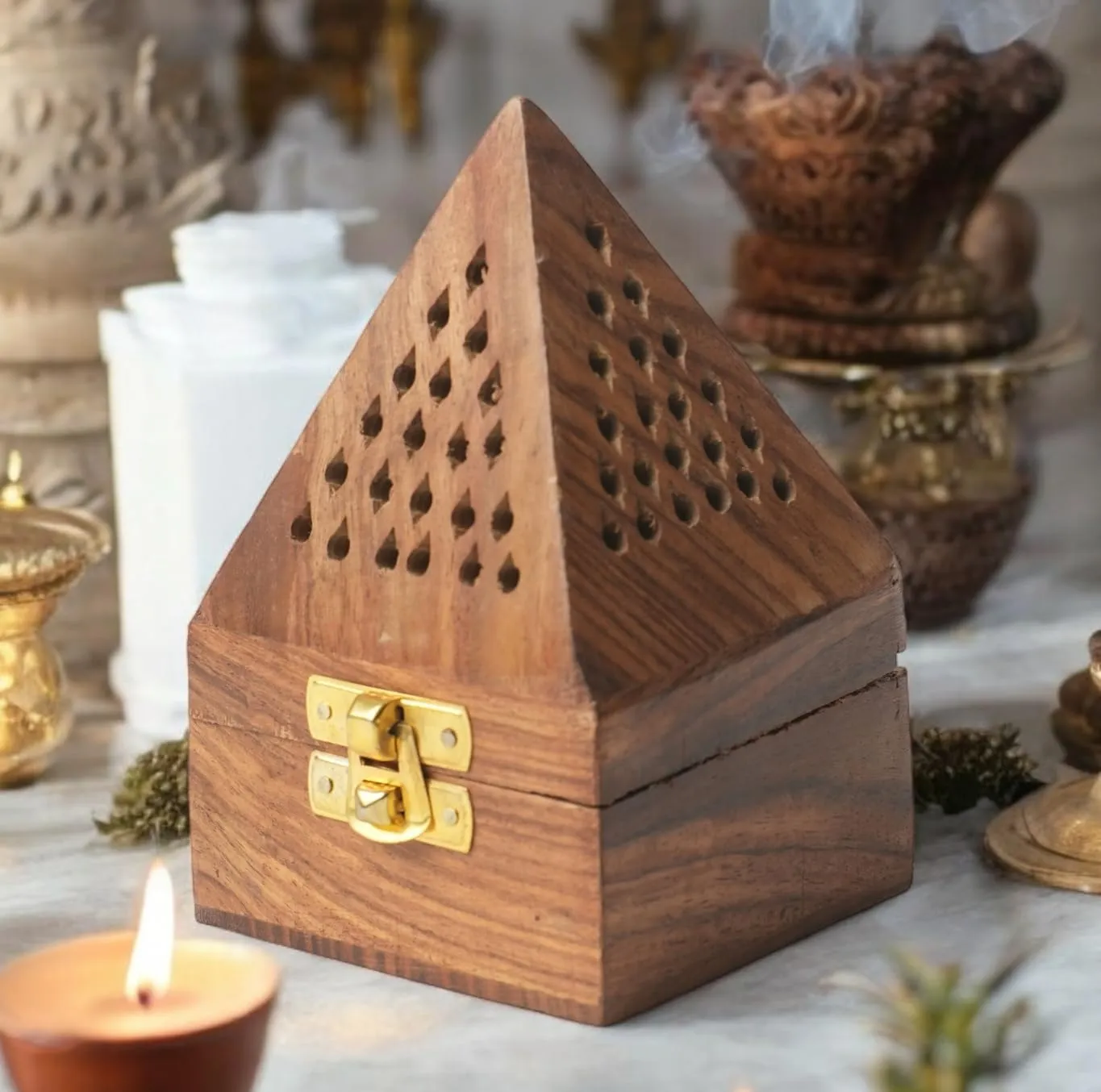 The wooden tone incense holder for pooja use made from wood with pyramid design box