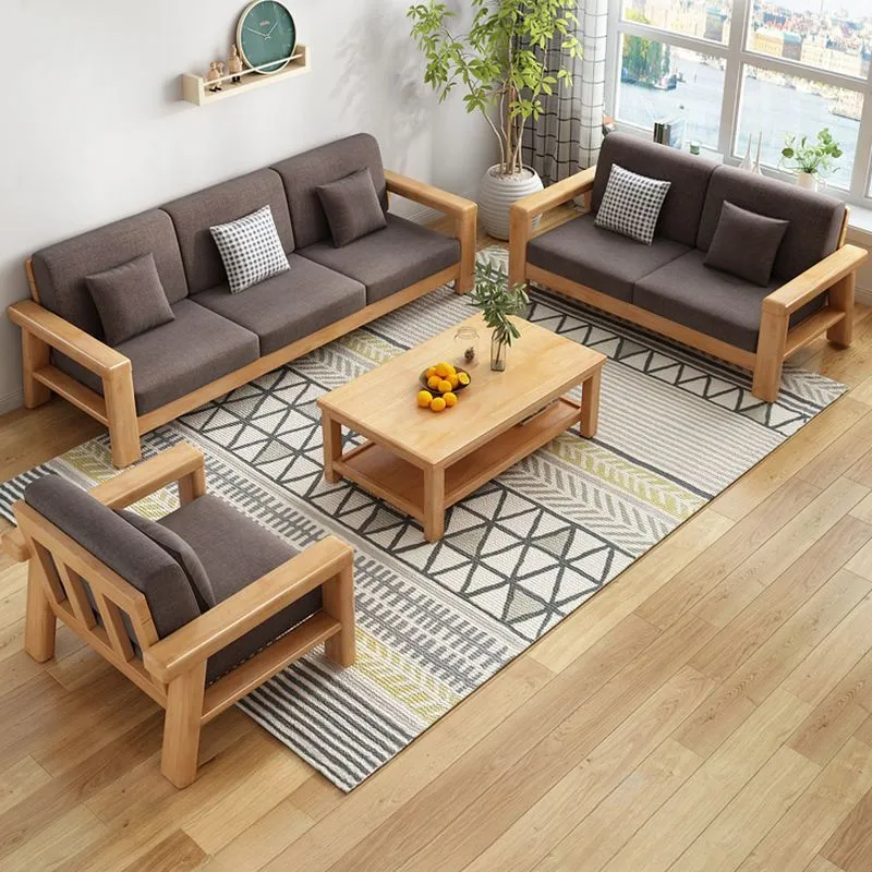 Luxury Wooden Sofa Set with Cushions & Center Table | Stylish Living Room Furniture