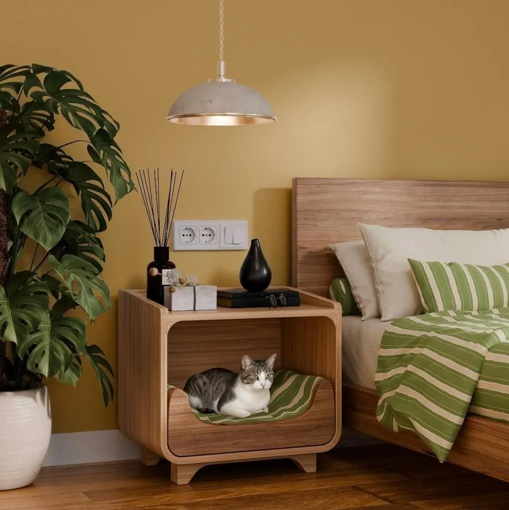 The Wooden Tone Wooden Cat Home and Bedside Table Natural Wood Furniture for Bedroom Living Room Pet Use