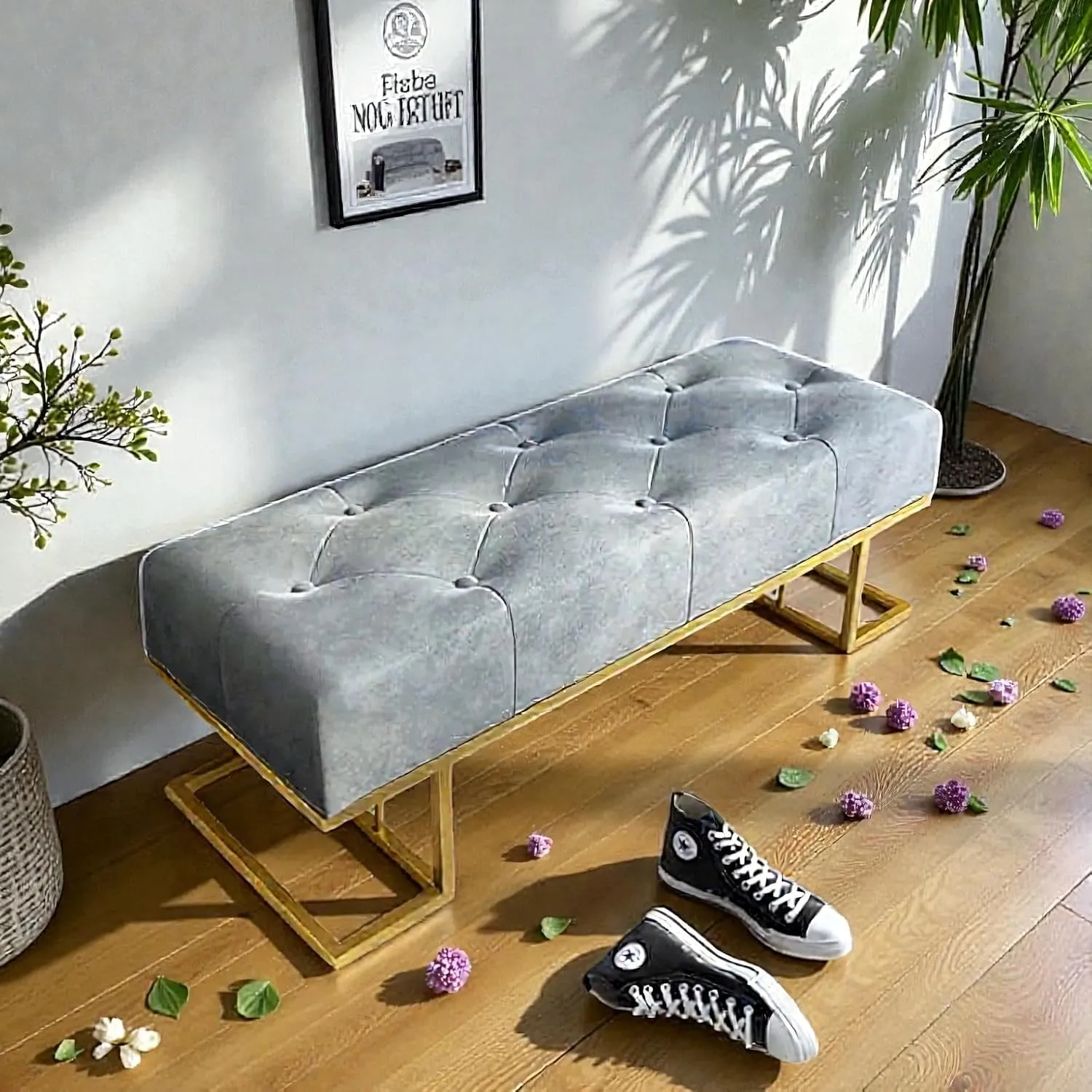 The wooden tone  Gray Velvet Upholstered Bench with Golden Iron Base Modern Cushioned Seating Bench for Entryway Bedroom Living Room Hallway End of Bed Furniture