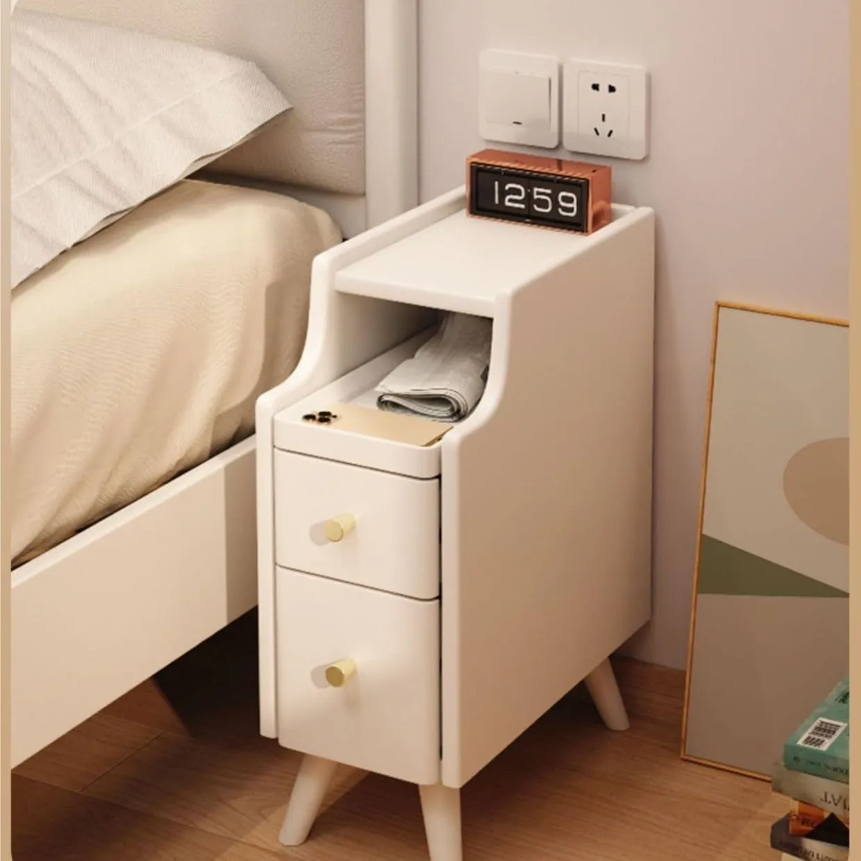 The wooden tone bedside table for bedroom storage use made from wood with narrow cabinet design