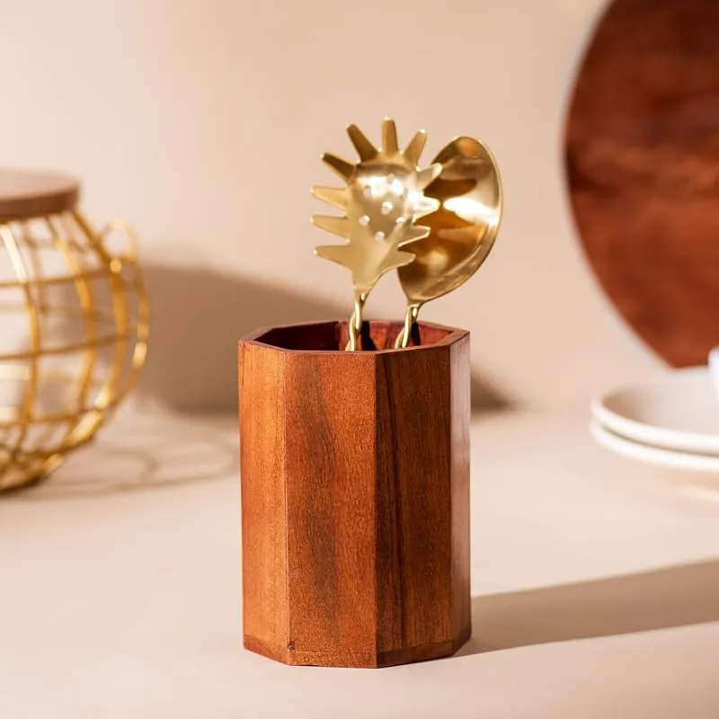 The wooden tone wooden cutlery holder for pencil use crafted from natural wood in light brown finish