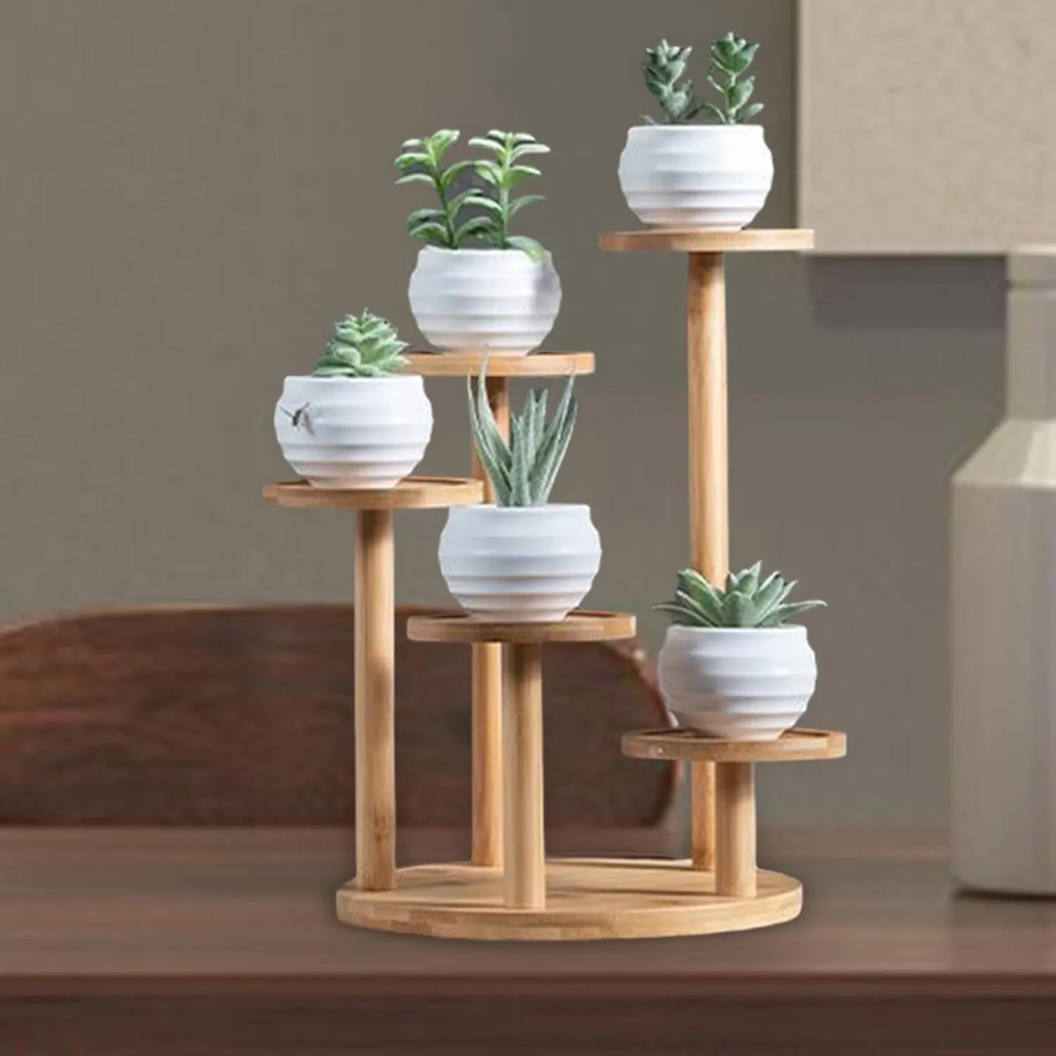 The wooden tone tabletop plant stand for home office balcony use crafted from wood in natural light finish