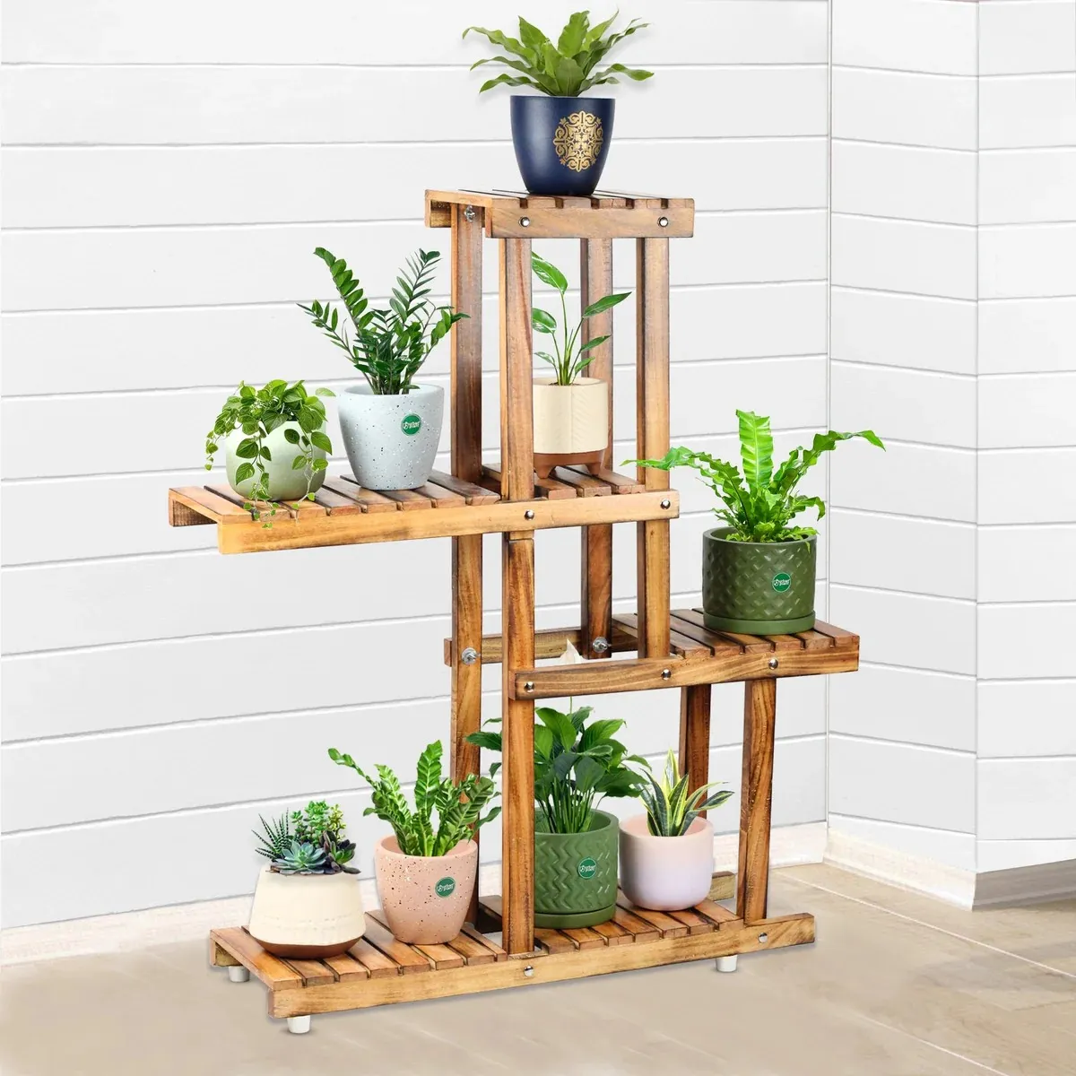 The wooden tone planter stand for home balcony use crafted from wood in natural light foldable design