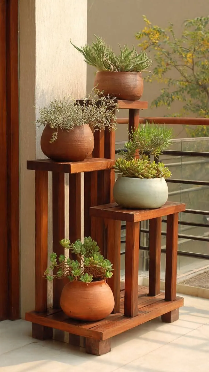 The wooden tone planter stand for home balcony use crafted from wood in brown light finish
