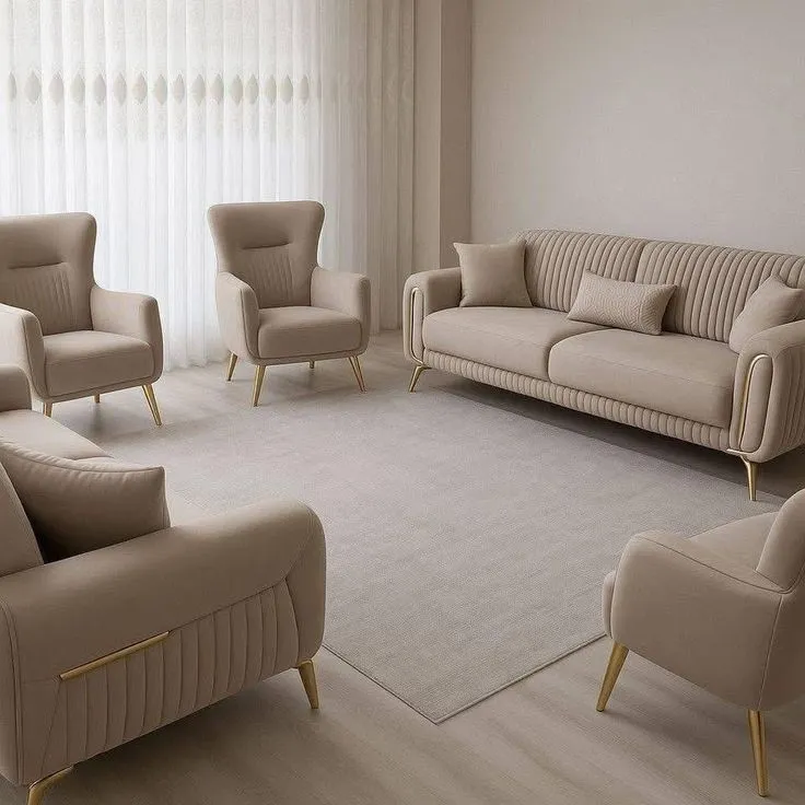 The Wooden Tone Sofa Seater for Living Room Use Made with Wood and Cushion in Natural Light Color
