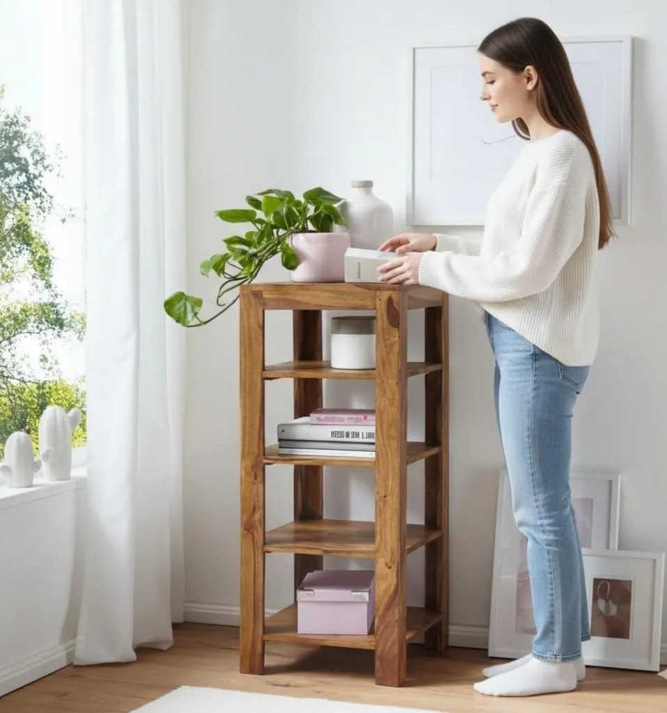 Wooden corner shelf bookcase storage display shelf for living room durable wood material space saving furniture for home decor multipurpose shelf unit for books decor and storage