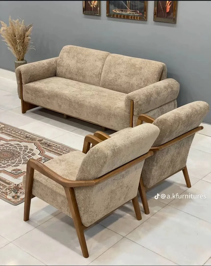 The Wooden Tone 4 Seater Sofa Set for Living Room Use Made with Wood and Cushion in Natural Light Color